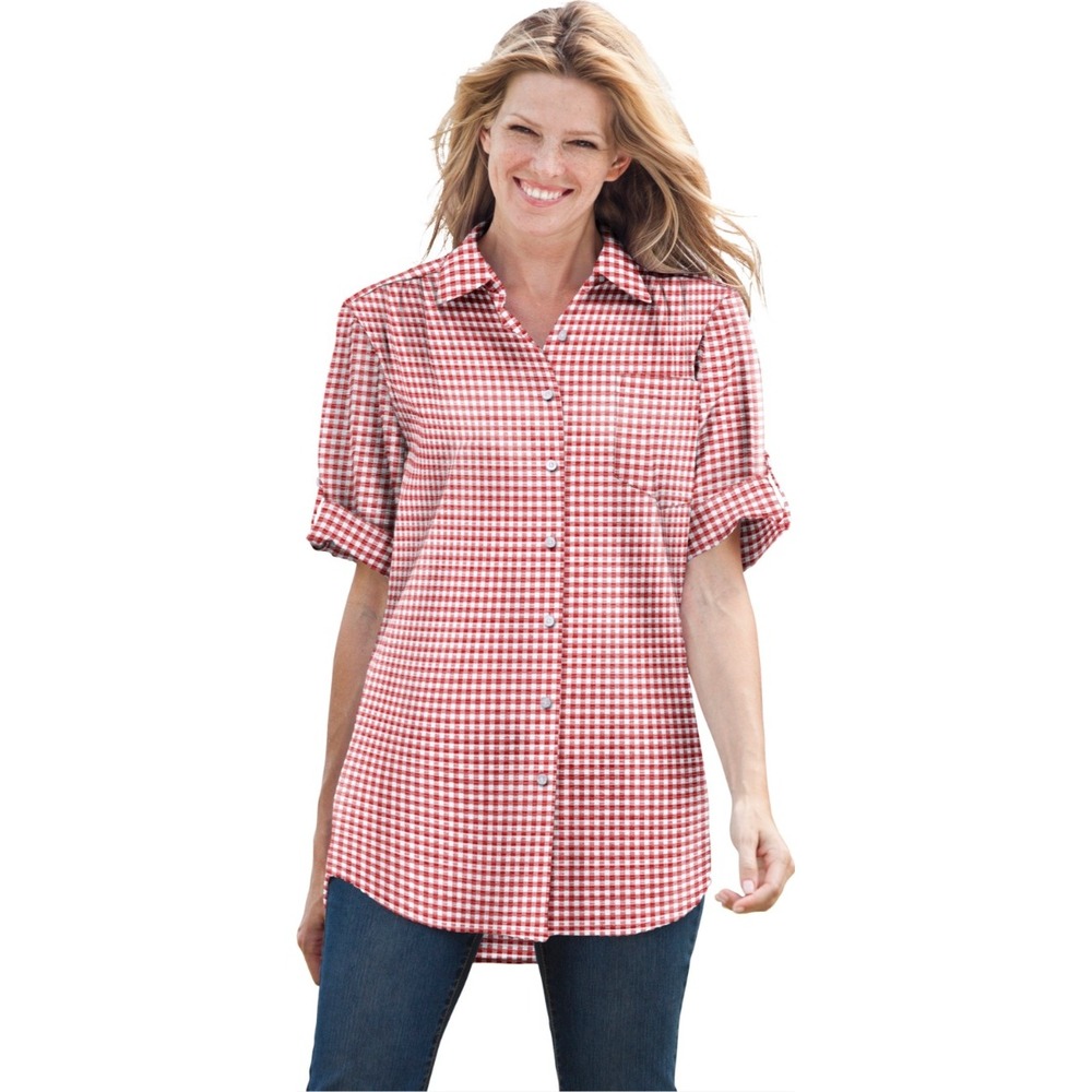 Woman‎ Within Red Gingham Cotton Roll Tab Button Down Shirt 18/20 NWOT